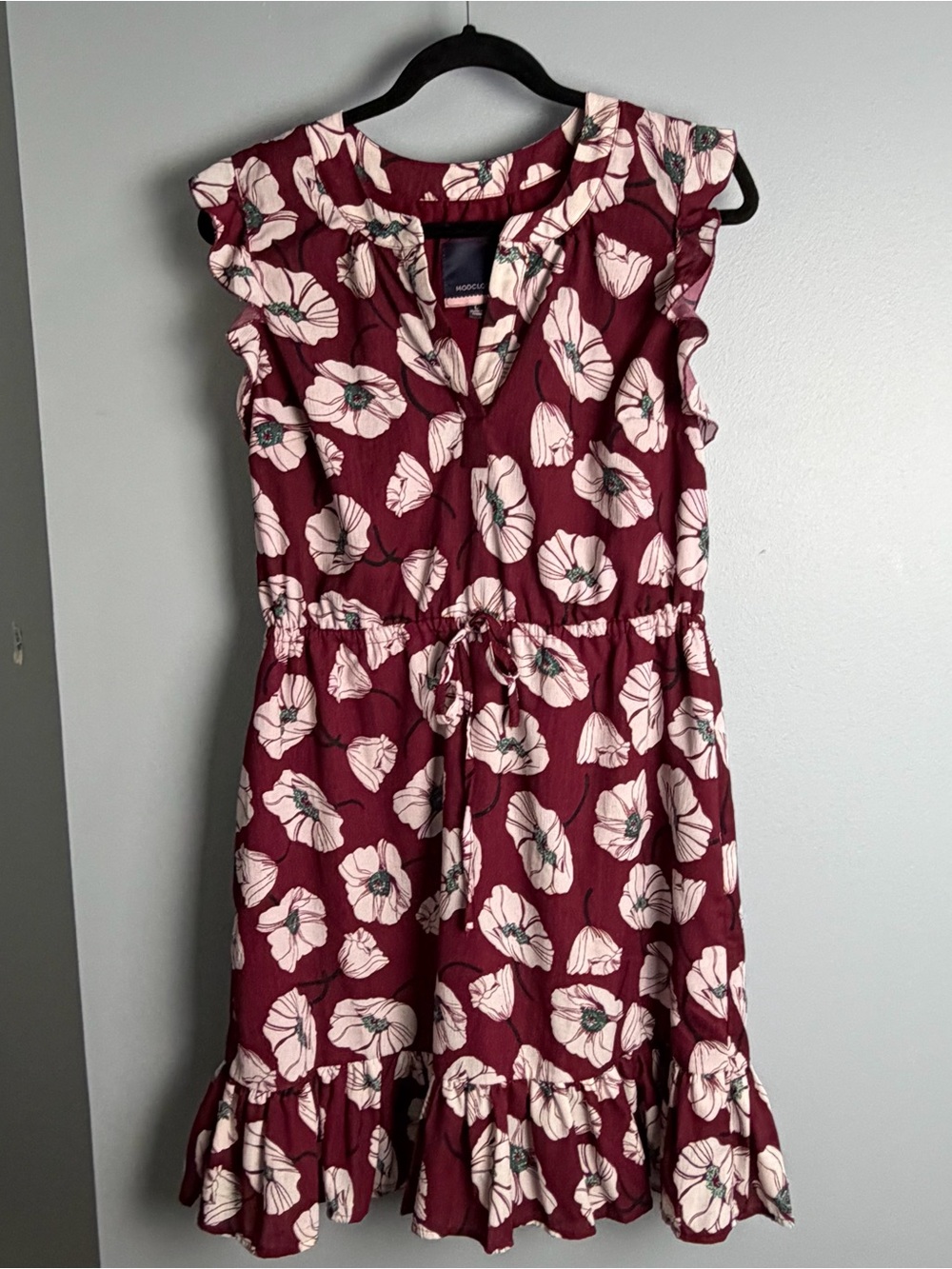 Modcloth Burgundy Floral Drawstring Dress with Ruffle Hem